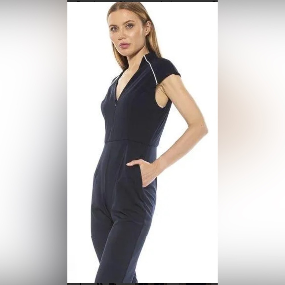 Alexia Admor • Niamah Military Neck Jumpsuit black white piping zip front